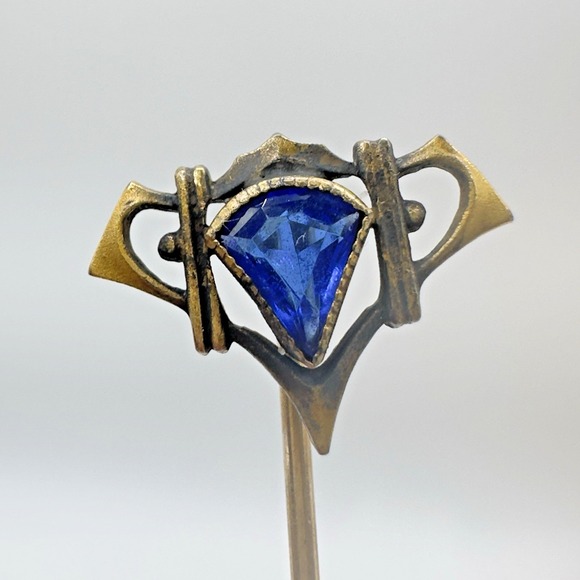 Antique Jewelry - Antique Stick Pin Art Nouveau Blue Glass Gold Tone Openwork Cravat Lapel Hat Pin